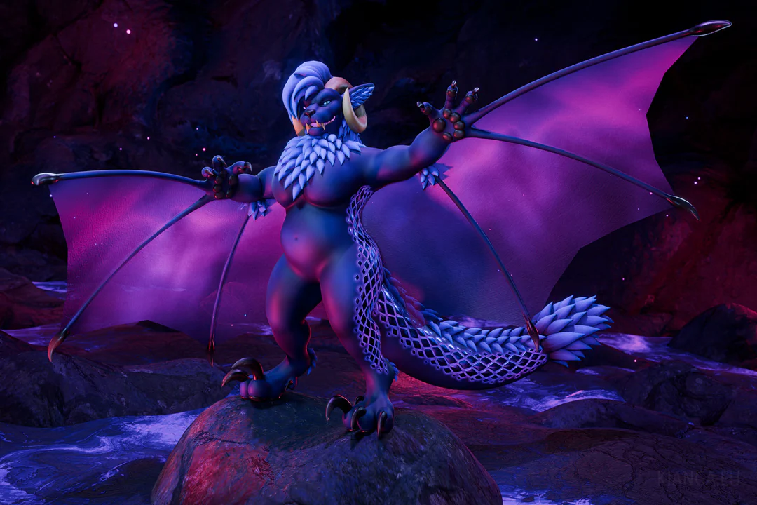 3D render of an anthropomorphic wyvern standing on a rock in a dimly lit cavern, with blue lava flowing around her. The entire scene is lit with vibrant blue and purple lights that matches her own appearance. She has blueish-purple skin, ram-like horns, a large blue mane, long fangs, and leathery magenta-colored wings that extend from her ring and pinky fingers. Glowing metallic scales run along the side of her legs, torso, and thick fluffy tail.
