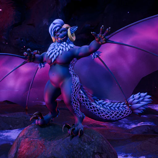 3D render of an anthropomorphic wyvern standing on a rock in a dimly lit cavern, with blue lava flowing around her. The entire scene is lit with vibrant blue and purple lights that matches her own appearance. She has blueish-purple skin, ram-like horns, a large blue mane, long fangs, and leathery magenta-colored wings that extend from her ring and pinky fingers. Glowing metallic scales run along the side of her legs, torso, and thick fluffy tail.
